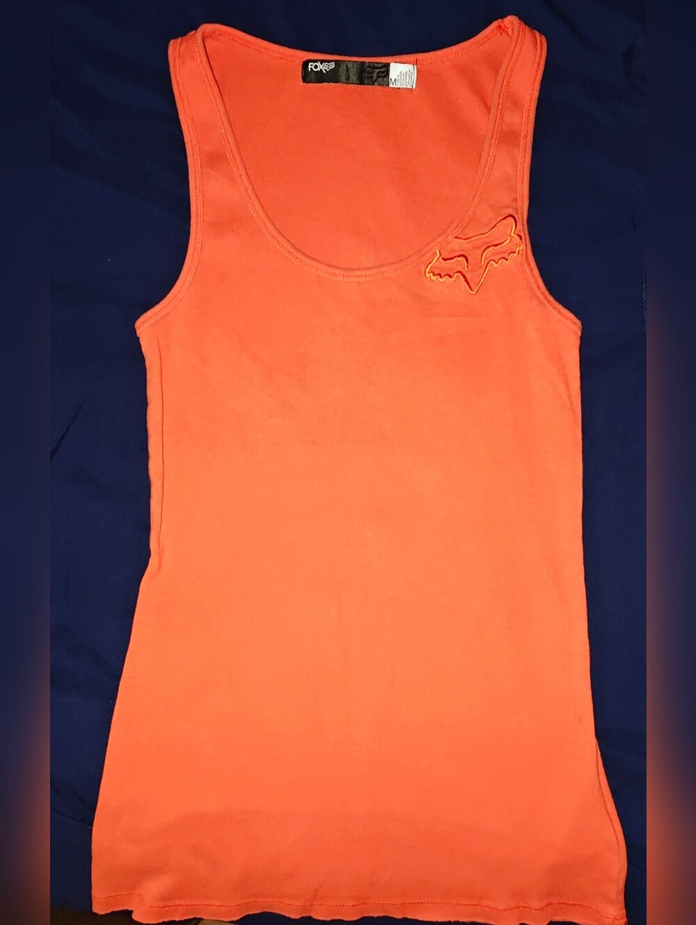 Fox Vintage Orange Ribbed Fitted Tank with Embroidered Fox Head & Spell Out EUC